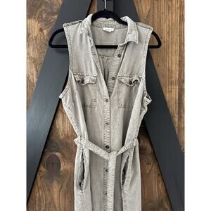 Sundance Linen Tencel Belted Sleeveless Utility Shirt Dress with Pockets Large